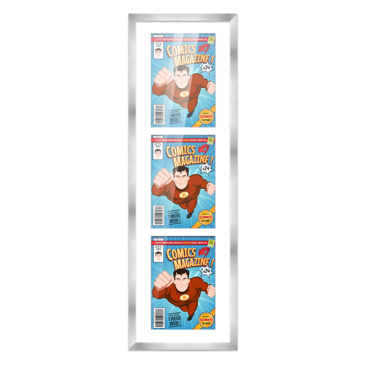 Comic Book Display Frame for Current Era Comic Published After 1985 - Silver Wood Comic Frame With White Mat for 6.875x10.5 Comic, 18 Frame Sizes